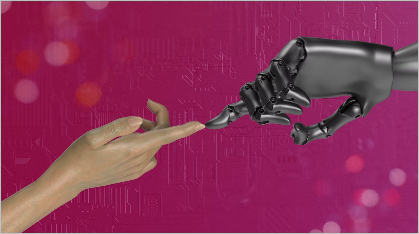 A human hand and a robotic hand reaching toward each other
